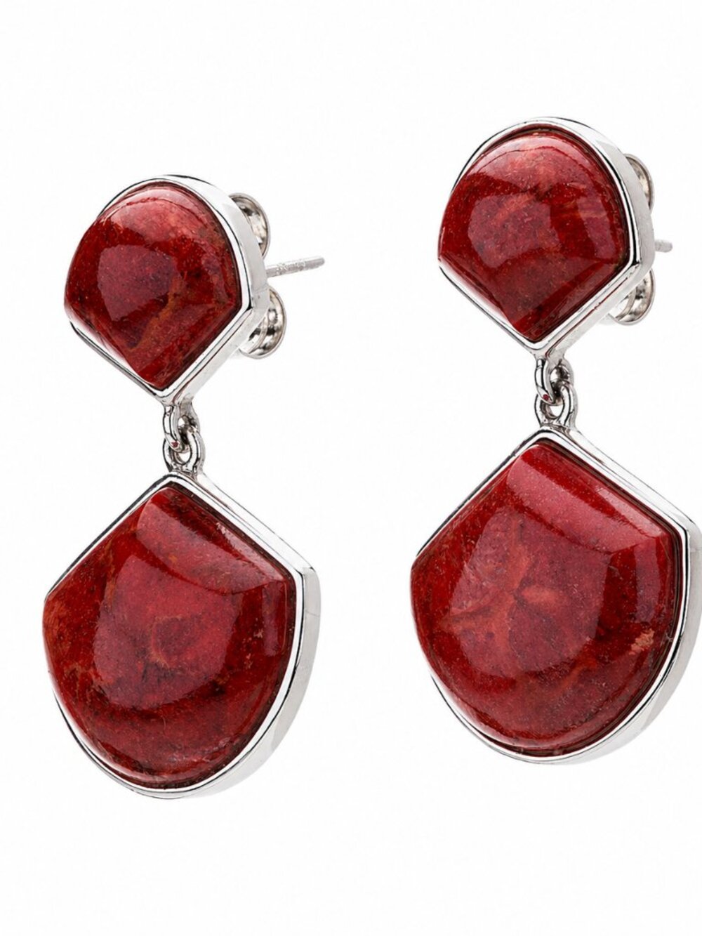 Red Coral Dangle Earrings Sterling Silver Fan Drop Statement